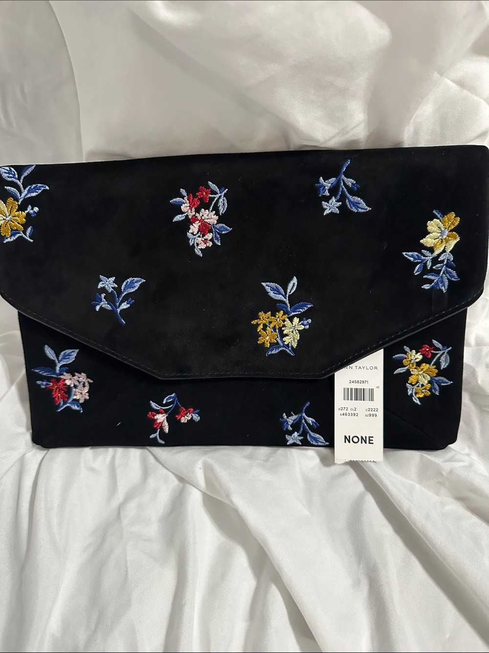 Ann Taylor Black Floral Embroidered Envelope Clutch